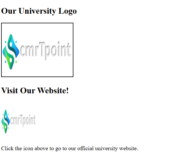 The webpage will display a heading "Our University Logo" followed by the "btech_logo.png" image, 200 pixels wide and 150 pixels high, with a 2-pixel border. Below that, a heading "Visit Our Website!" will appear, and then the "website_icon.png" image (50x50 pixels) will be displayed. This icon will be clickable, leading to https://www.youruniversity.edu.