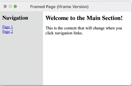 The browser window will be divided vertically into two columns. The left column (25% width) will display left_nav.html (a light gray background with "Navigation" and a list of links). The right column (75% width) will display main_content.html (a heading and a paragraph). Clicking links in the left frame will load new content into the right frame (mainFrame).