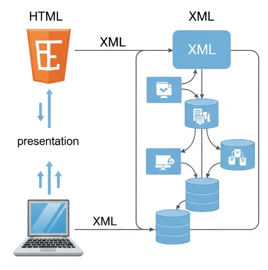 Comparison diagram illustrating HTML for web display and XML for data exchange