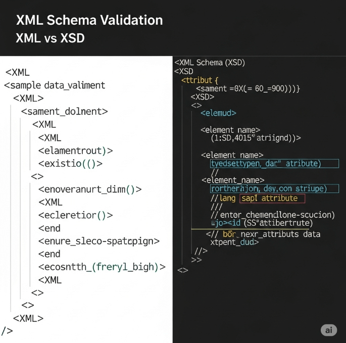 Visual comparison of an XML document with its corresponding XML Schema Definition (XSD) defining structure and data types