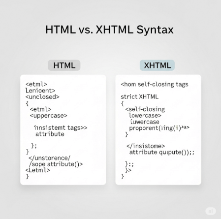 Comparison of HTML and XHTML syntax, showing stricter rules for XHTML like lowercase tags, self-closing tags, and quoted attributes