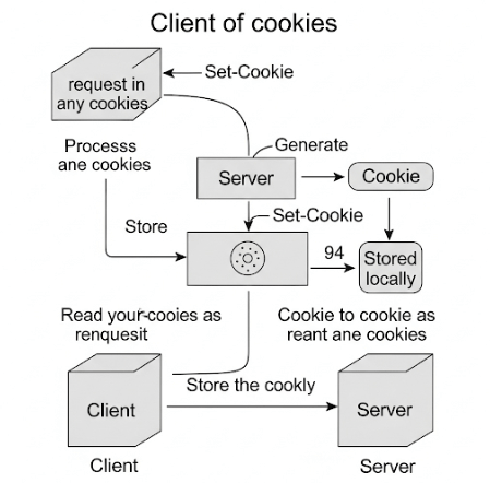 Flow diagrams illustrating how Cookies maintain state on the client side and how Sessions maintain state on the server side in web applications