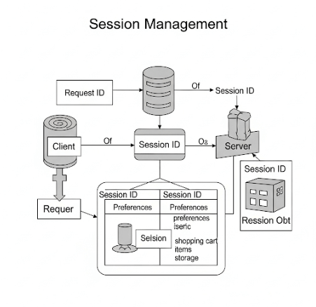 Flow diagrams illustrating how Cookies maintain state on the client side and how Sessions maintain state on the server side in web applications