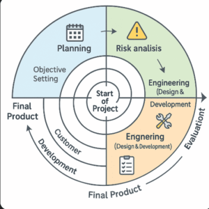 Spiral Model diagram illustrating iterative software development. The spiral is divided into four color-coded quadrants: Planning with a calendar icon, Risk Analysis with a warning icon, Engineering (Design & Development) with a wrench icon, and Evaluation with a checklist icon. Arrows indicate the clockwise flow from project start at the center to final product at the outer edge.