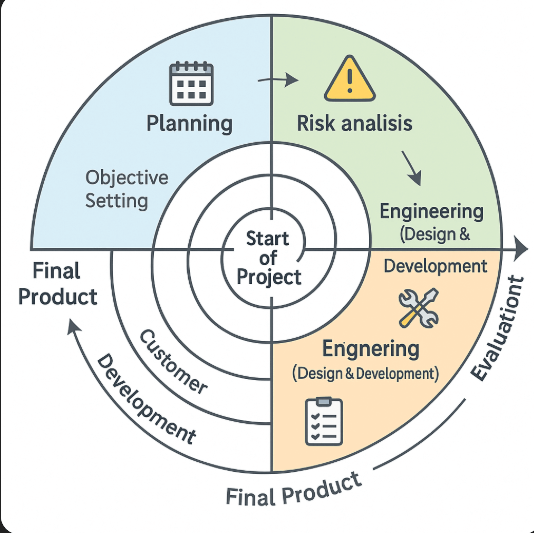 Spiral Model diagram illustrating iterative software development. The spiral is divided into four color-coded quadrants: Planning with a calendar icon, Risk Analysis with a warning icon, Engineering (Design & Development) with a wrench icon, and Evaluation with a checklist icon. Arrows indicate the clockwise flow from project start at the center to final product at the outer edge.