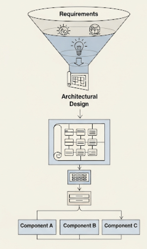 Conceptual diagram illustrating the process of software architectural design from requirements to structured components