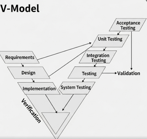 V-model diagram showing validation testing phase