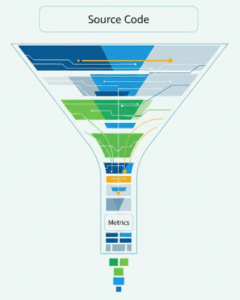 Funnel diagram showing how metrics are derived from source code.