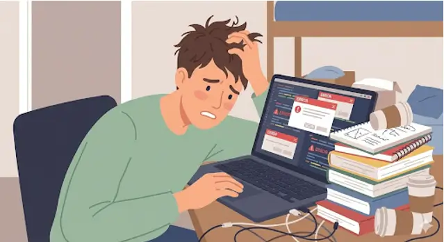 Students struggling to understand programming concepts, overwhelmed by writing code without real-world purpose, low confidence and frustration illustration.