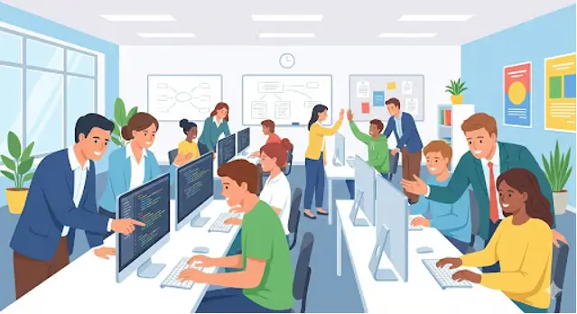 Training and placement officers guiding students, mentorship, coding bootcamp environment, students receiving support, clean vector style