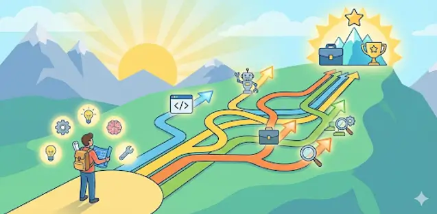 Career growth roadmap for engineering students showing multiple skill paths and individual strengths leading to job success, illustrated with motivational upward arrows in a bright vector style.