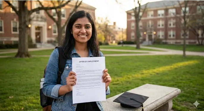 "Fresh graduate holding offer letter with proud expression, symbolizing the start of a new career journey