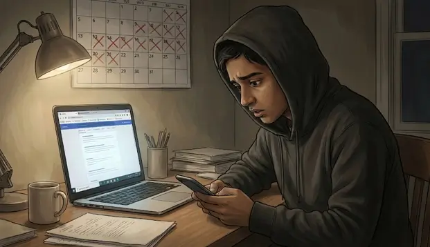 Anxious fresher repeatedly checking phone and laptop for job joining updates during the long waiting period