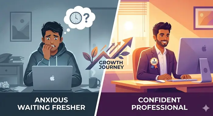 Before and after transformation showing fresher's growth from anxious waiting period to confident 1-year experienced professional