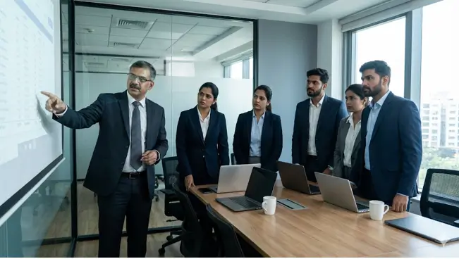 corporate IT team meeting with manager and employees