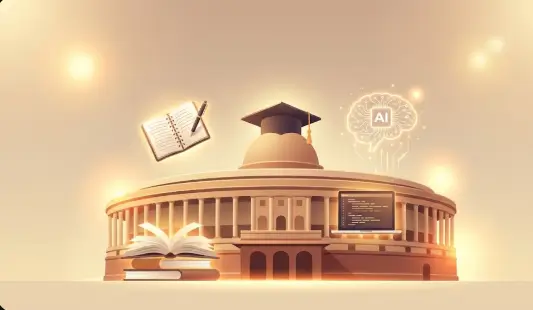 Indian Parliament building blended with education icons (books, graduation cap, laptop, AI brain), clean modern illustration, warm lighting.