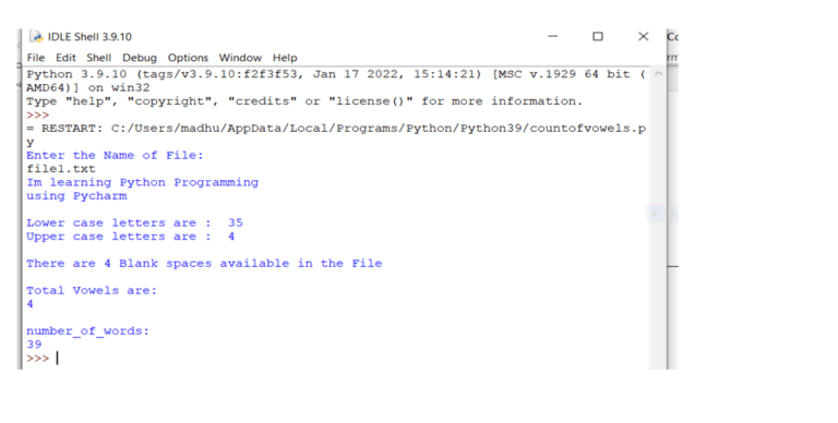 Python Text Statistics Calculator (Words, Vowels, Case Count) - cmrtpoint
