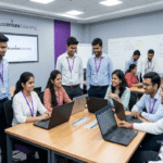 New employees during Accenture onboarding session in corporate training room with laptops