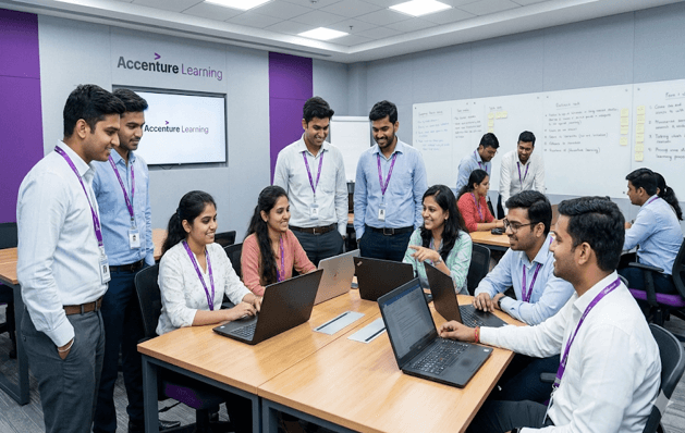 New employees during Accenture onboarding session in corporate training room with laptops