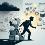 Conceptual image showing how Indian education suppresses creativity while original thinking breaks free from rigid exam systems.