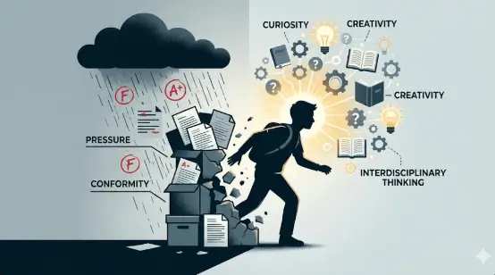 Conceptual image showing how Indian education suppresses creativity while original thinking breaks free from rigid exam systems.